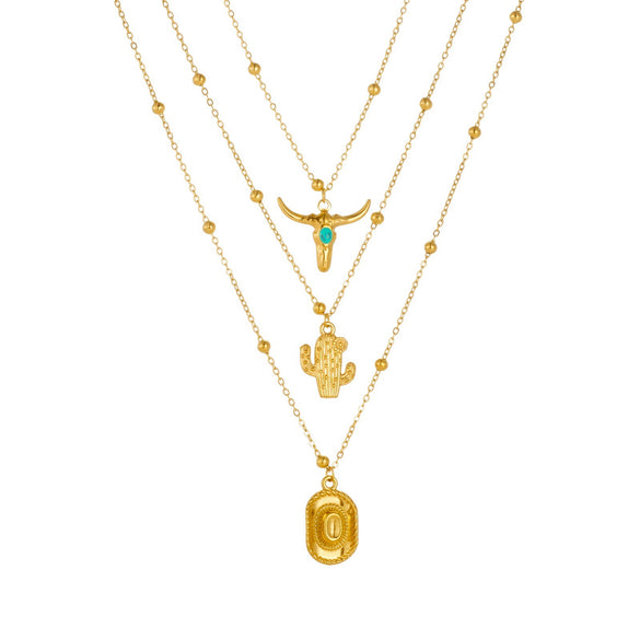 Wholesale Goldplated Stainless Steel Multilayered Cactus Pendant Necklace For Women In Medieval Style With Bead Chain
