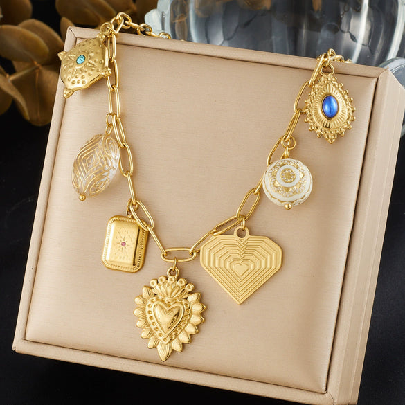 Wholesale Goldplated Stainless Steel Palace Style Heartshaped Pendant Necklace With Cross Round Chain For Women