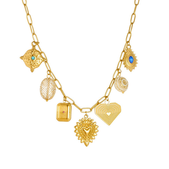 Wholesale Goldplated Stainless Steel Palace Style Heartshaped Pendant Necklace With Cross Round Chain For Women