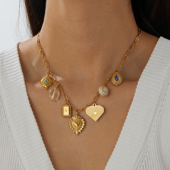 Wholesale Goldplated Stainless Steel Palace Style Heartshaped Pendant Necklace With Cross Round Chain For Women