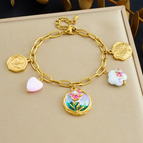Wholesale Goldplated Stainless Steel Retro Enamel Filigree Plants And Flowers Pattern Round Butterfly Jewelry Set For Women