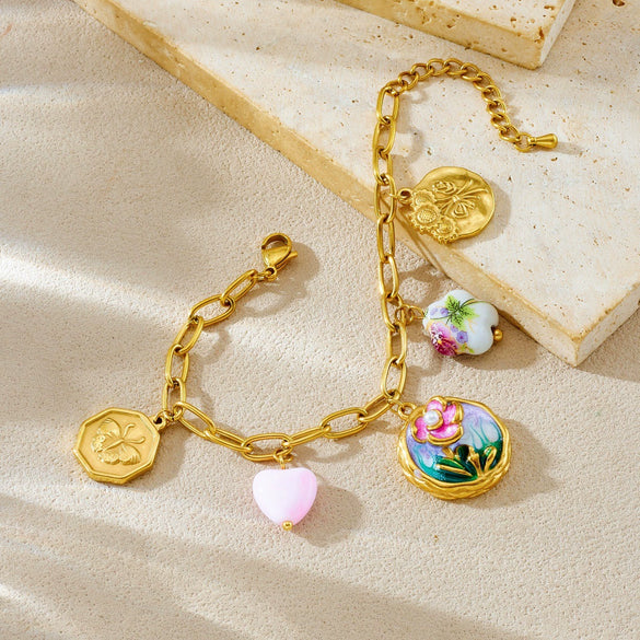 Wholesale Goldplated Stainless Steel Retro Enamel Filigree Plants And Flowers Pattern Round Butterfly Jewelry Set For Women