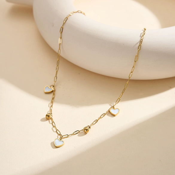 Wholesale Goldplated Stainless Steel White Shell Geometric Heart Bead Pendant Calendering Chain Necklace For Women