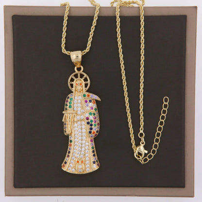 Wholesale Gothic Punk Shiny Death Copper Plating Inlay 18K Gold Plated Zircon Pendant Necklace