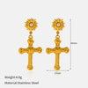 Wholesale Gothic Style Geometric Carved Sun Cross Pearl Stainless Steel Earrings For Women With Pvd Furnace Vacuum Real Gold Plating
