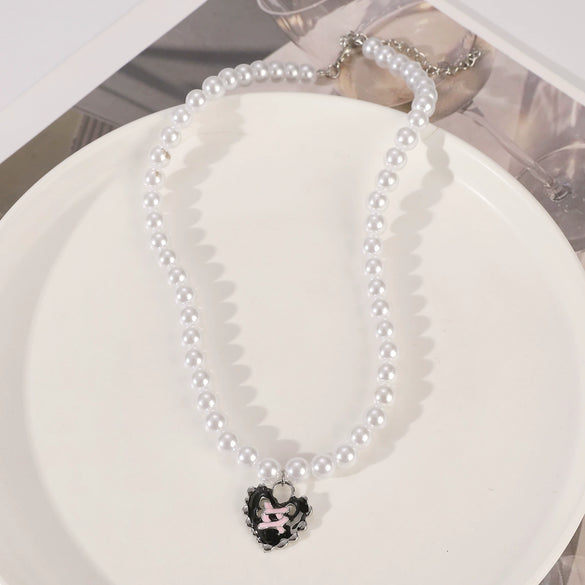 Wholesale Gothic Vintage Pink Cross Cat Pendant Imitation Pearl Beaded Alloy Necklace With Electroplating For Women Featuring Cartoon Characters Geometric And Animal Patterns
