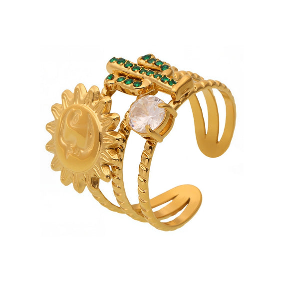 Wholesale Green Diamond Cactus Sun Goddess Ring In Stainless Steel With Geometric Pattern And Electroplating For Women