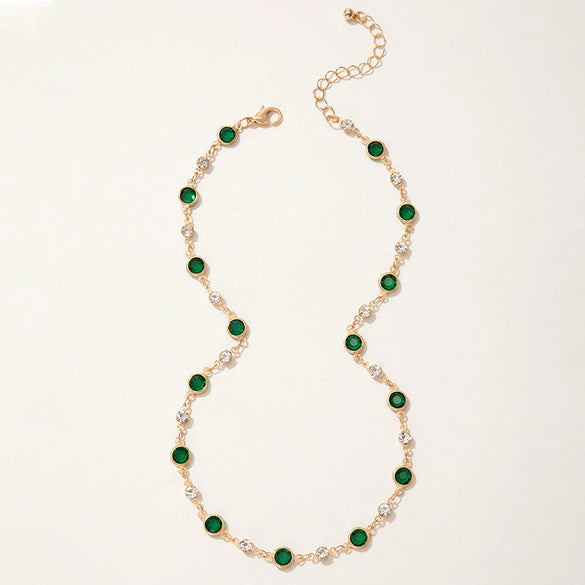 Wholesale Green Zircon Retro Diamondstudded Short Clavicle Chain Necklace For Women Alloy Ochain With Electroplating
