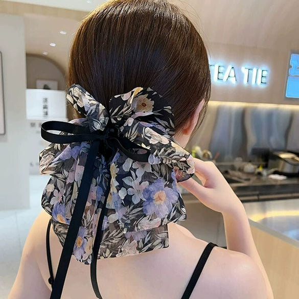 Wholesale Hair Accessories Fabric Handmade French Retro Floral Bow Ribbon Clip For Women