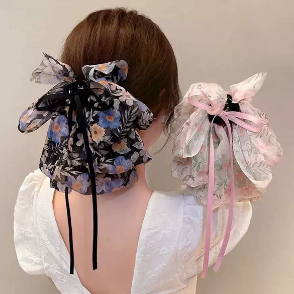 Wholesale Hair Accessories Fabric Handmade French Retro Floral Bow Ribbon Clip For Women