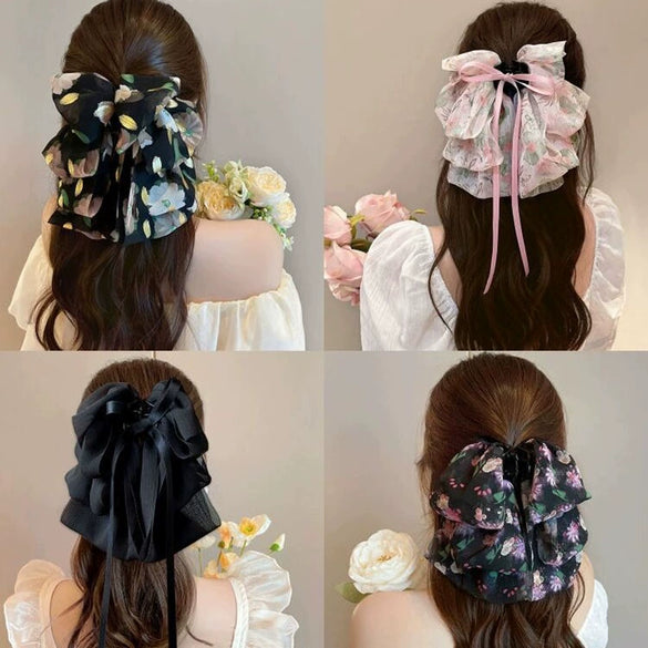 Wholesale Hair Accessories Fabric Handmade French Retro Floral Bow Ribbon Clip For Women