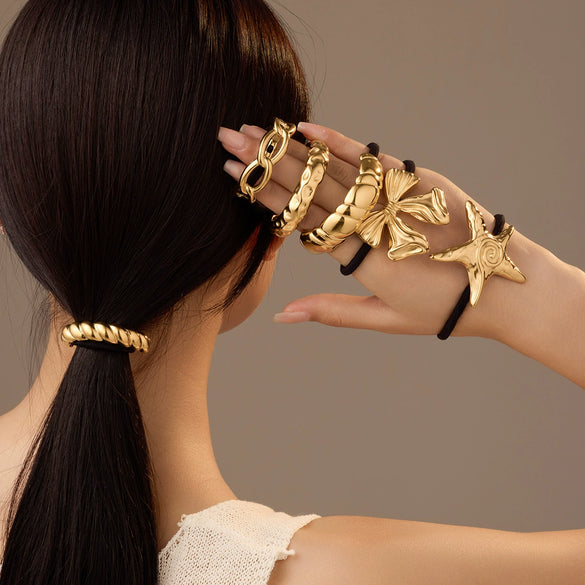 Wholesale Hair Accessories Stainless Steel Retro Ins Style Bow Geometric Starfish Hair Ring With 18K Gold Electroplated Hair Rope