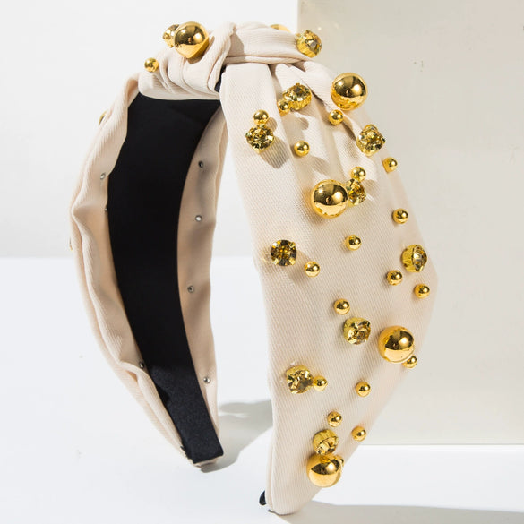 Wholesale Hair Hoop Alloy Retro Geometric Style With Gold Beads And Diamonds Set With Pearls For Women