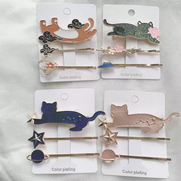 Wholesale Hairpin Copper Zinc Alloy Animals Dripping Oil Style Female Hair Accessories Cat Shiny Starry Sky Side Clip