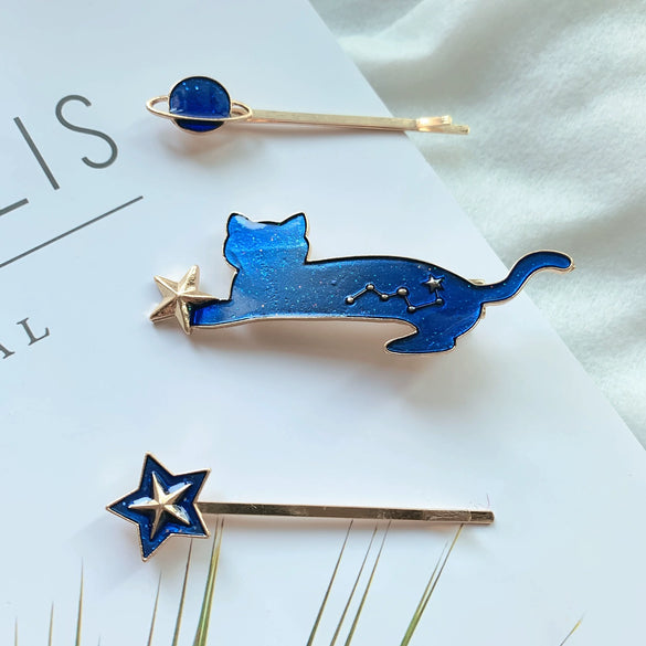Wholesale Hairpin Copper Zinc Alloy Animals Dripping Oil Style Female Hair Accessories Cat Shiny Starry Sky Side Clip