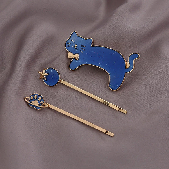 Wholesale Hairpin Copper Zinc Alloy Animals Dripping Oil Style Female Hair Accessories Cat Shiny Starry Sky Side Clip