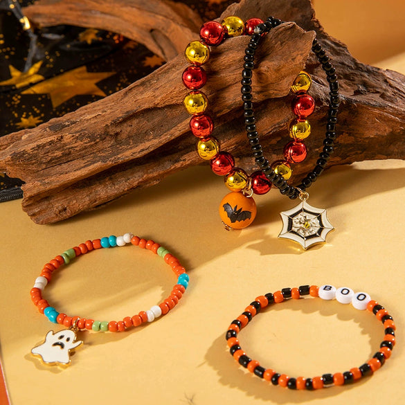 Wholesale Halloween Beaded Bracelet With Dark Funny Spider Ghost Bat Resin Material Fourpiece Set For Women
