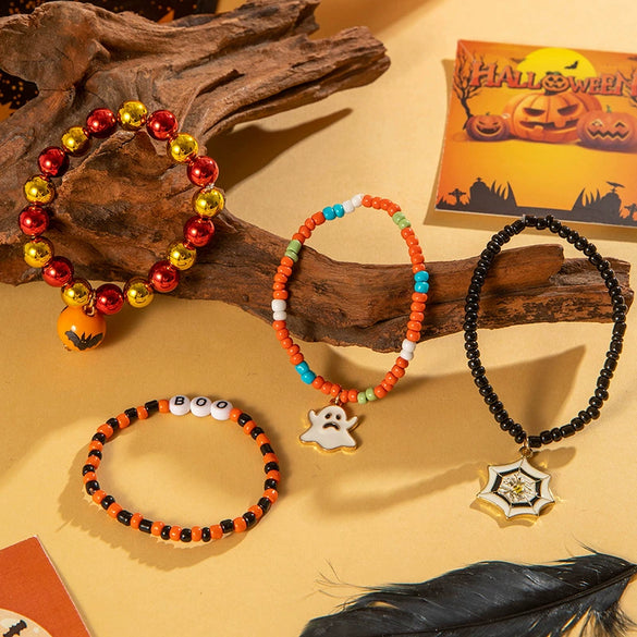 Wholesale Halloween Beaded Bracelet With Dark Funny Spider Ghost Bat Resin Material Fourpiece Set For Women