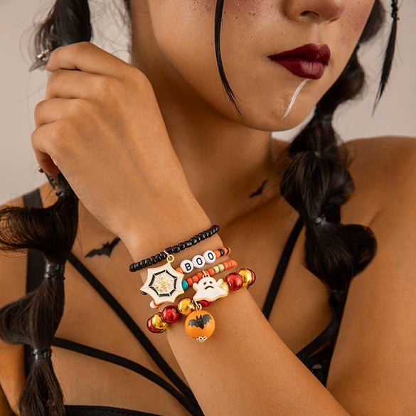 Wholesale Halloween Beaded Bracelet With Dark Funny Spider Ghost Bat Resin Material Fourpiece Set For Women