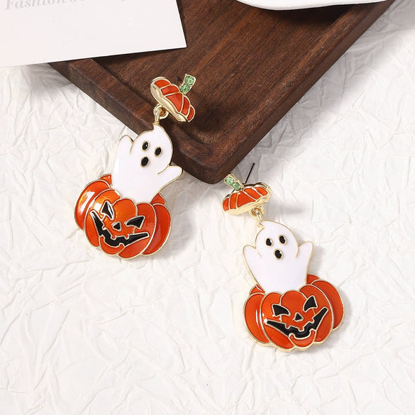 Wholesale Halloween Oil Dropping Cute Cartoon Ghost Pumpkin Earrings In Zinc Alloy With Retro Small Style