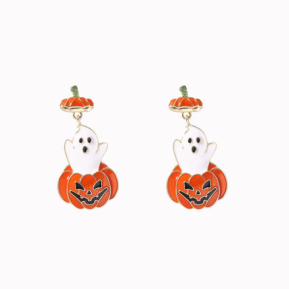 Wholesale Halloween Oil Dropping Cute Cartoon Ghost Pumpkin Earrings In Zinc Alloy With Retro Small Style