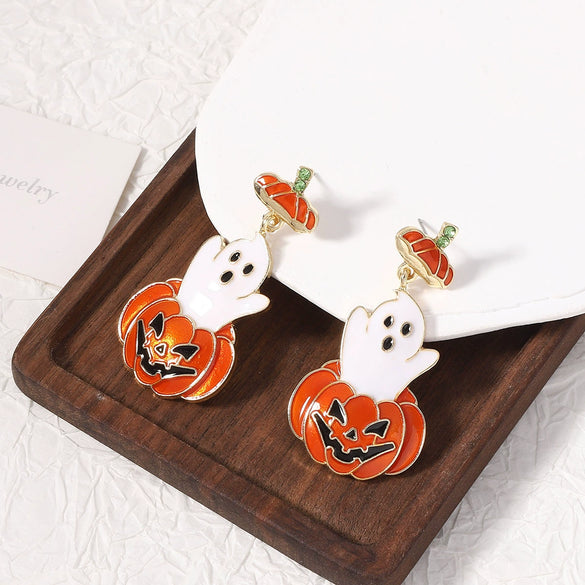 Wholesale Halloween Oil Dropping Cute Cartoon Ghost Pumpkin Earrings In Zinc Alloy With Retro Small Style