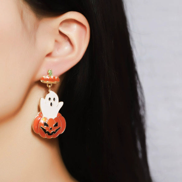 Wholesale Halloween Oil Dropping Cute Cartoon Ghost Pumpkin Earrings In Zinc Alloy With Retro Small Style
