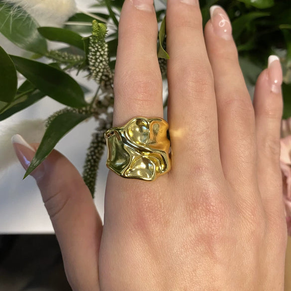 Wholesale Hammer Pattern Open Ring Stainless Steel 18K Gold Electroplated Unisex