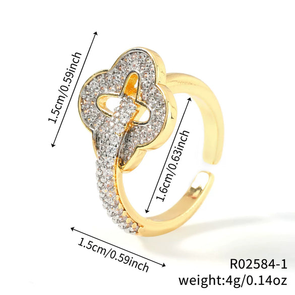 Wholesale Hand Jewelry Copper Inlaid Zirconium Heart Four Leaf Clover Open Ring Electroplating Geometric Style