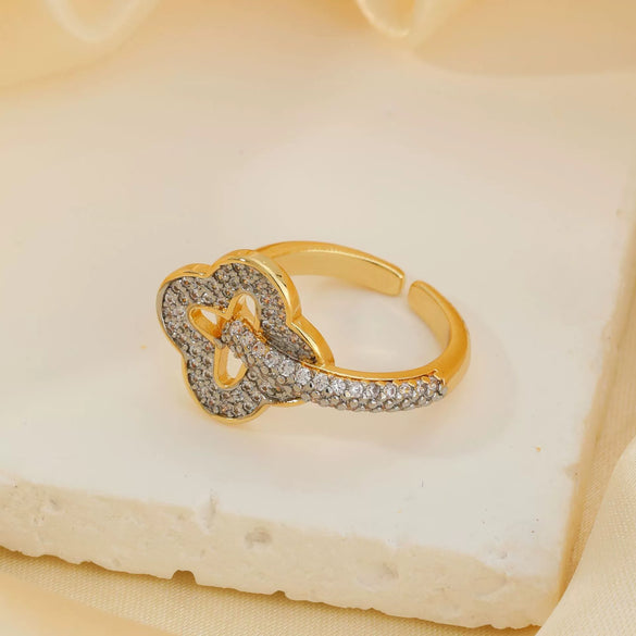 Wholesale Hand Jewelry Copper Inlaid Zirconium Heart Four Leaf Clover Open Ring Electroplating Geometric Style