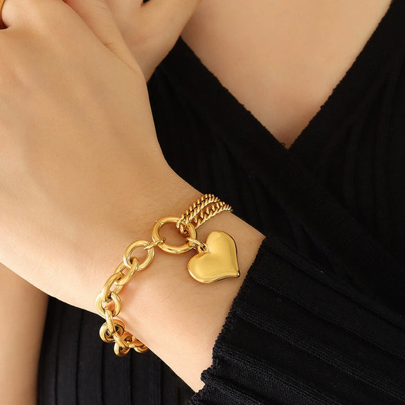 Wholesale Hand Jewelry Cuban Chain Stitching Chain Love Bracelet In 316L Stainless Steel With Heart Shape And 18K Gold Plated Electroplating For Women