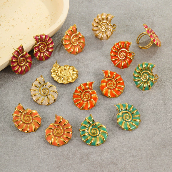 Wholesale Hand Jewelry Stainless Steel Earrings And Titanium Steel Ring Marine Style Geometric Pattern 18K Gold Plated