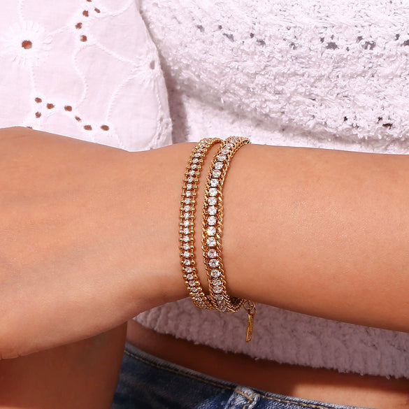 Wholesale Hand Jewelry Stainless Steel Geometric Threelayer Braided Twist Chain Round Bead Zircon Electroplated Bracelet For Women