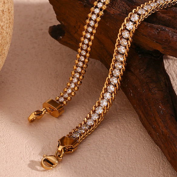 Wholesale Hand Jewelry Stainless Steel Geometric Threelayer Braided Twist Chain Round Bead Zircon Electroplated Bracelet For Women