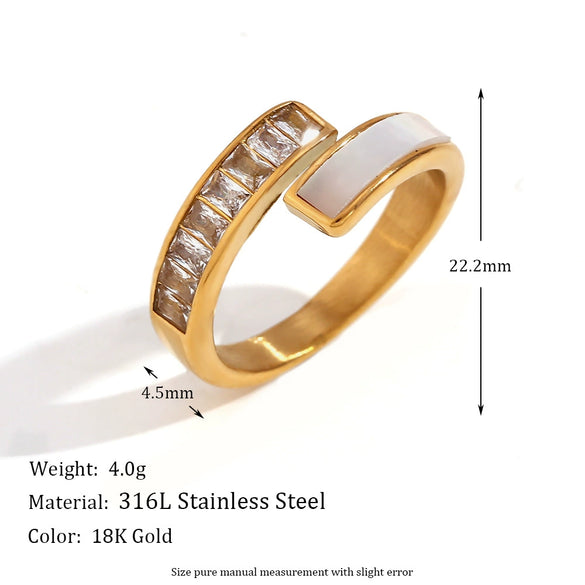 Wholesale Hand Jewelry Stainless Steel 18K Gold Plated Geometric Asymmetric Open Zircon Shell Ring For Women