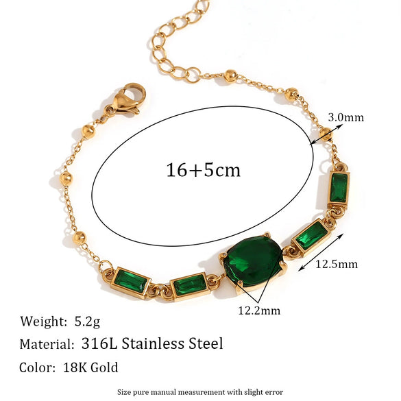 Wholesale Hand Jewelry Stainless Steel 18K Gold Plated Geometric Oval Green Stone Rectangular Zircon Bracelet For Women