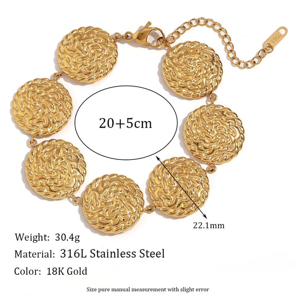Wholesale Hand Jewelry Stainless Steel 18K Gold Plated Hammered Geometric Disc Bracelet For Women