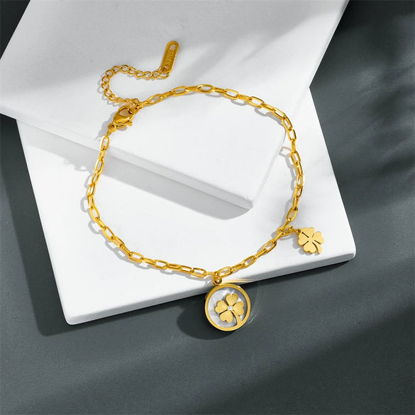 Wholesale Hand Jewelry Titanium Steel Geometric Electroplating Women's Fourleaf Love Grass Leaf White Shellfish Bracelet
