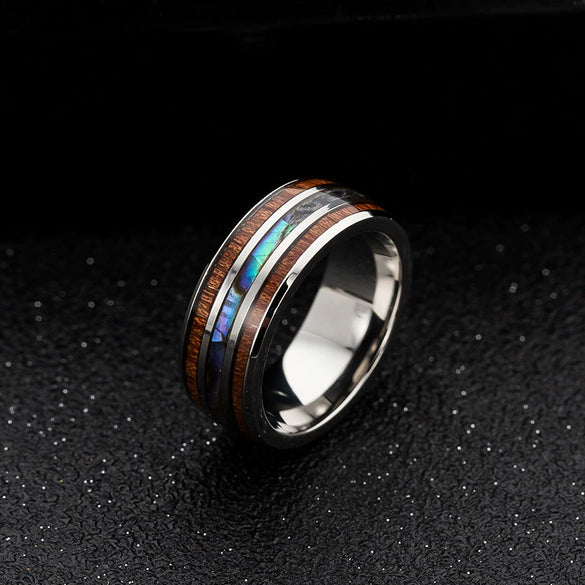 Wholesale Hand Jewelry Titanium Steel Ring Inlaid With Wood Grain Imitation Shell Geometric Dripping Oil Unisex