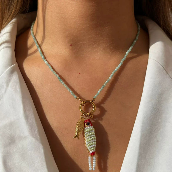 Wholesale Hand Knitted Animal Zodiac Natural Stone And Stainless Steel Beaded Chain Women's Necklace