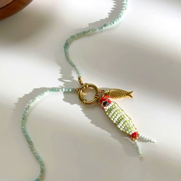 Wholesale Hand Knitted Animal Zodiac Natural Stone And Stainless Steel Beaded Chain Women's Necklace