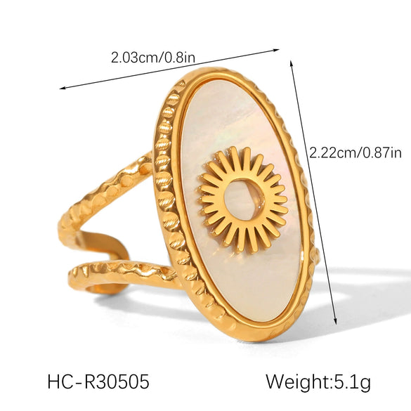 Wholesale Handdecorated Electroplated Geometric Stainless Steel Oval Ring With Natural White Shell For Women