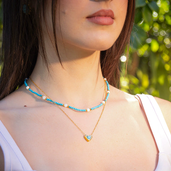 Wholesale Handmade Beaded Blue Turquoise Natural Stone Heart Pendant Stainless Steel 18K Gold Electroplated Clavicle Chain Necklace For Women
