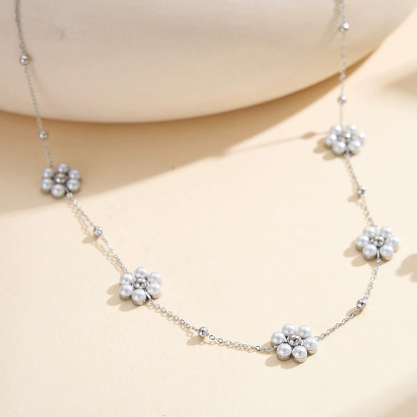 Wholesale Handmade Beaded Chain Flower Pearl Geometric Calendering Chain Electroplated Necklace For Women