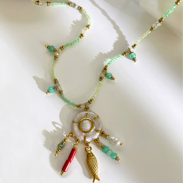 Wholesale Handmade Beaded Chain Stainless Steel Geometric Multipendant Polished Electroplated Necklace For Women