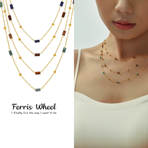 Wholesale Handmade Beaded Necklace For Women Ferris Wheel Design With Geometric Lapis Lazuli Pendant Stainless Steel Tiger Eye Stone Chain Gold Plated