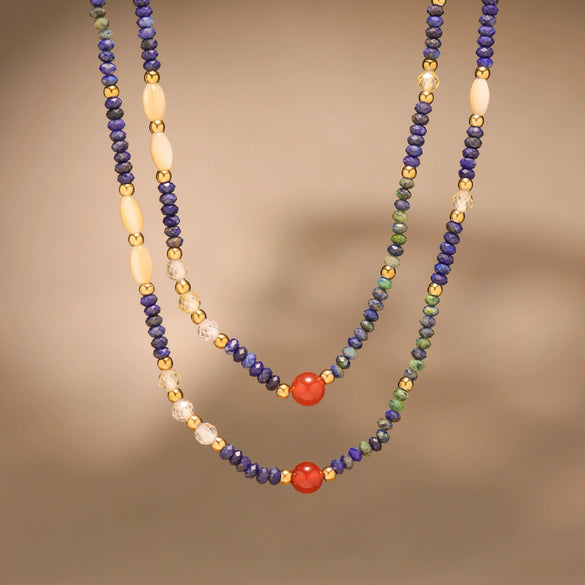 Wholesale Handmade Beaded Necklace With Natural Lapis Lazuli And Red Agate 316L Stainless Steel Geometric Pattern For Women