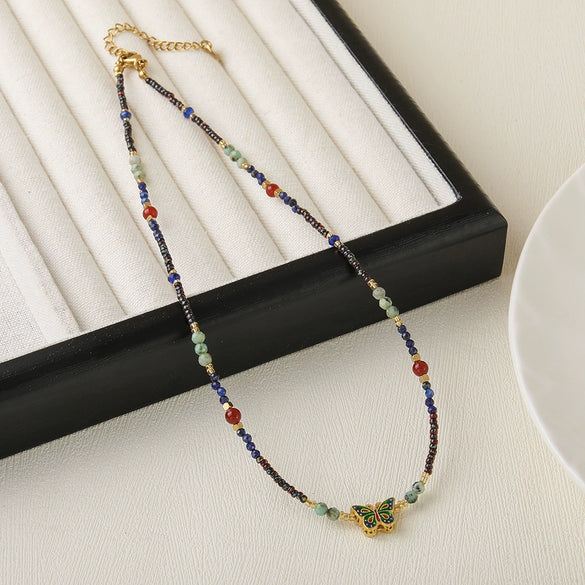 Wholesale Handmade Beaded Necklace With Red Stripe Stone And Butterfly Pendant In Retro Style For Women