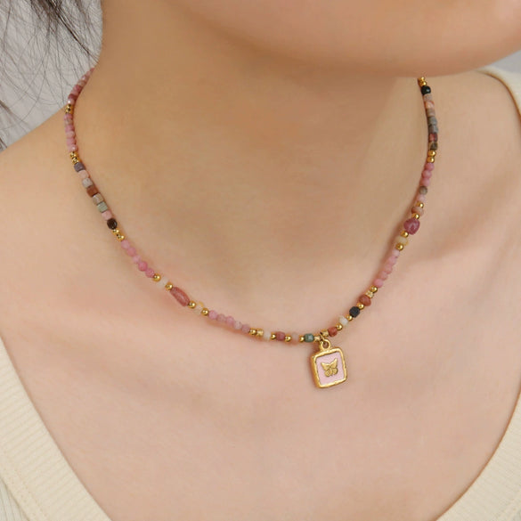 Wholesale Handmade Beaded Necklace With Red Stripe Stone And Butterfly Pendant In Retro Style For Women