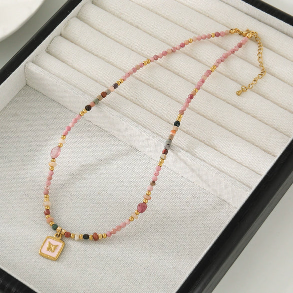 Wholesale Handmade Beaded Necklace With Red Stripe Stone And Butterfly Pendant In Retro Style For Women